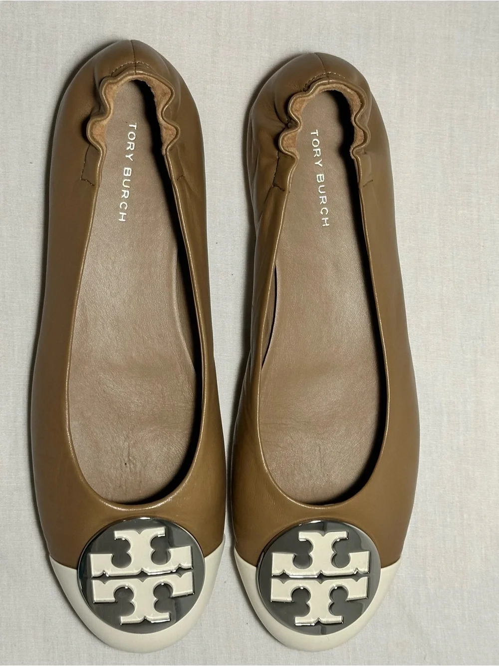 Tory Burch Brown and White Logo Cap-Toe Ballet Flats